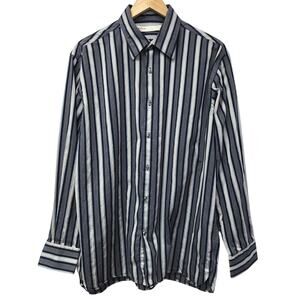 Perry Ellis Shirt Mens Large Striped Blue Beige White